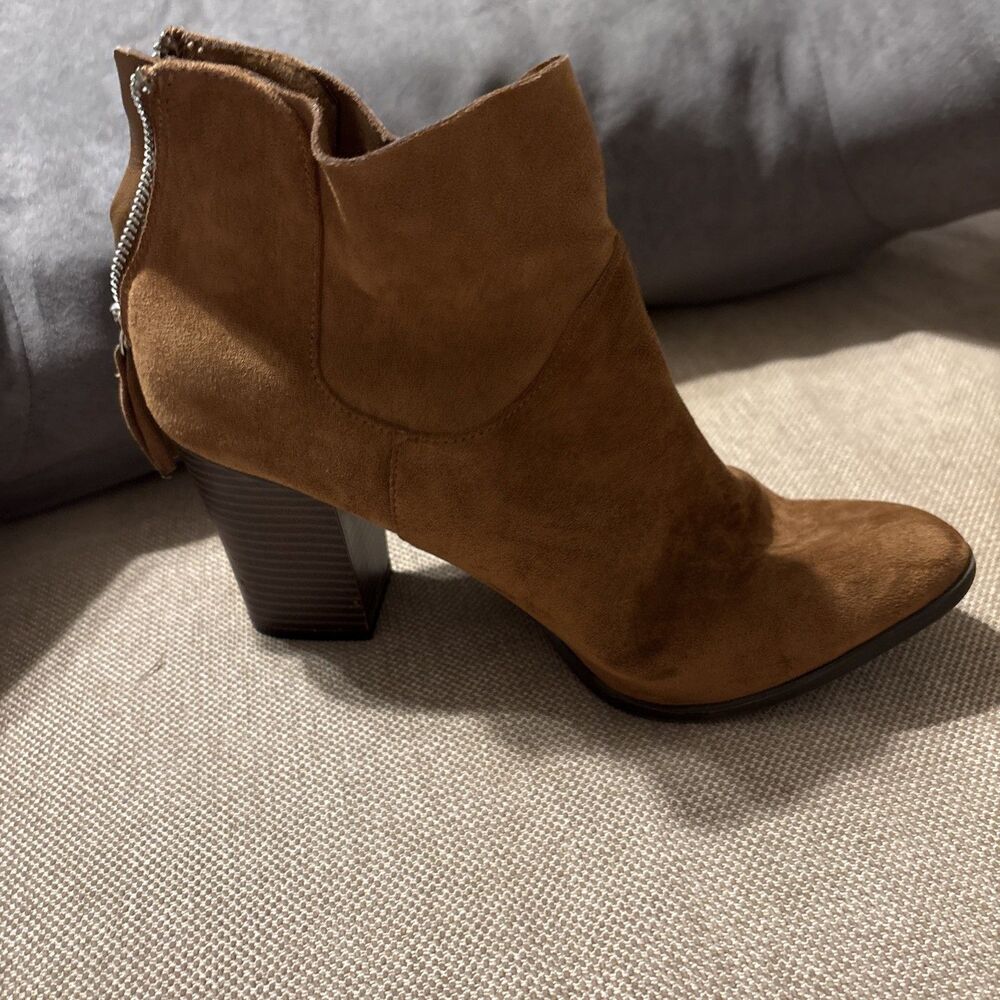 Brash Women's Casual Ankle Bootie Brown Stacked Heel Zippered Faux Suede Size 10